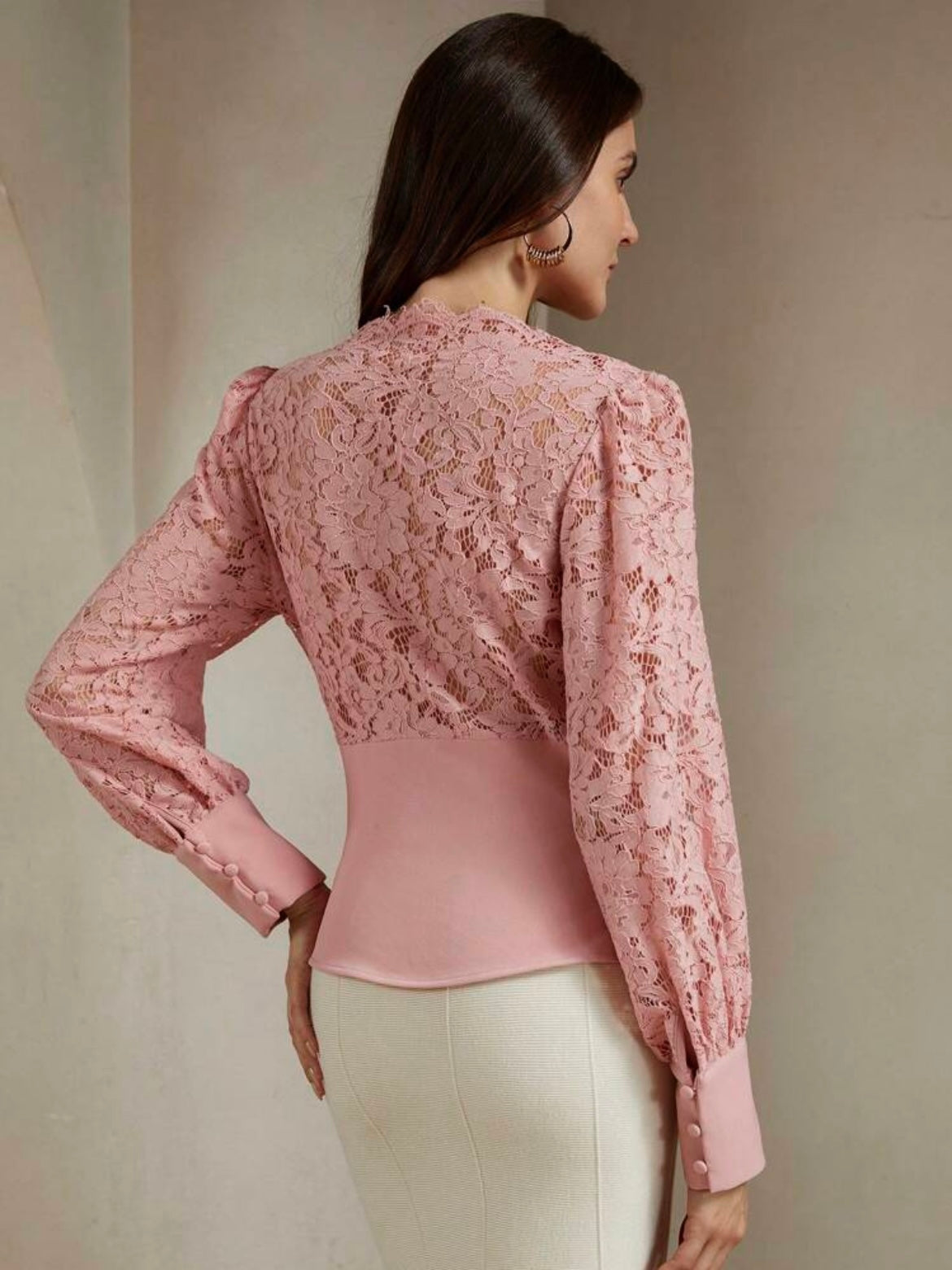 CM-TS031210 Women Elegant Seoul Style V-Neck Lace Patchwork Cinching Waist Top - Pink
