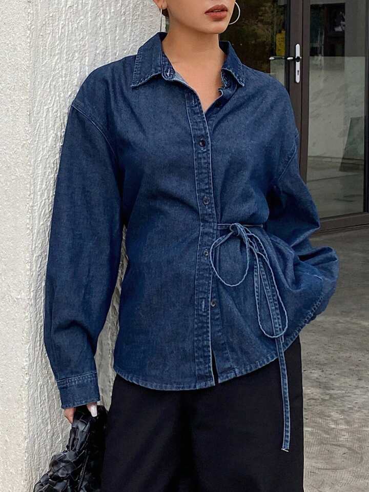 CM-TS761716 Women Casual Seoul Style Solid Color Tie Loose Lapel Long Sleeve Denim Jacket - Blue
