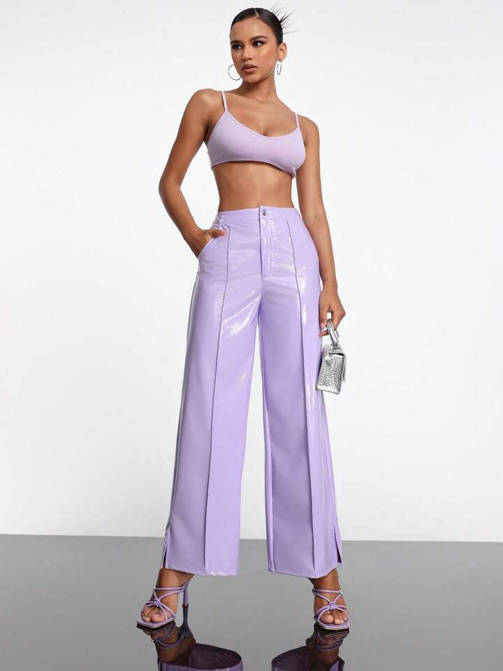 CM-BS006433 Women Casual Seoul Style High Waist PU Leather Pants With Pockets - Lilac Purple