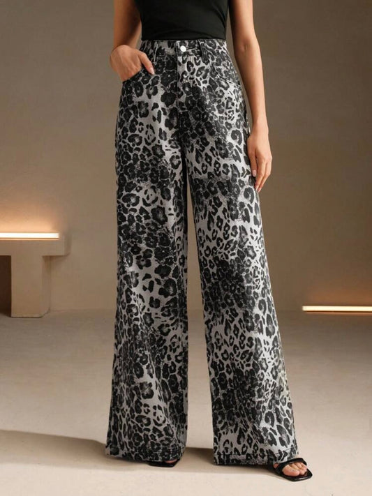 CM-BS785691 Women Casual Seoul Style Leopard Print High Waist Wide Leg Women Jeans