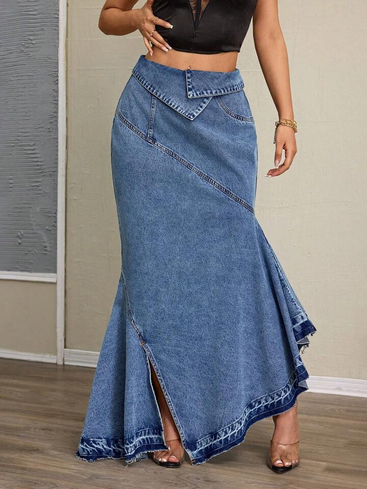 CM-BS787000 Women Casual Seoul Style Asymmetric Hem Folding Waist Denim Skirt - Blue