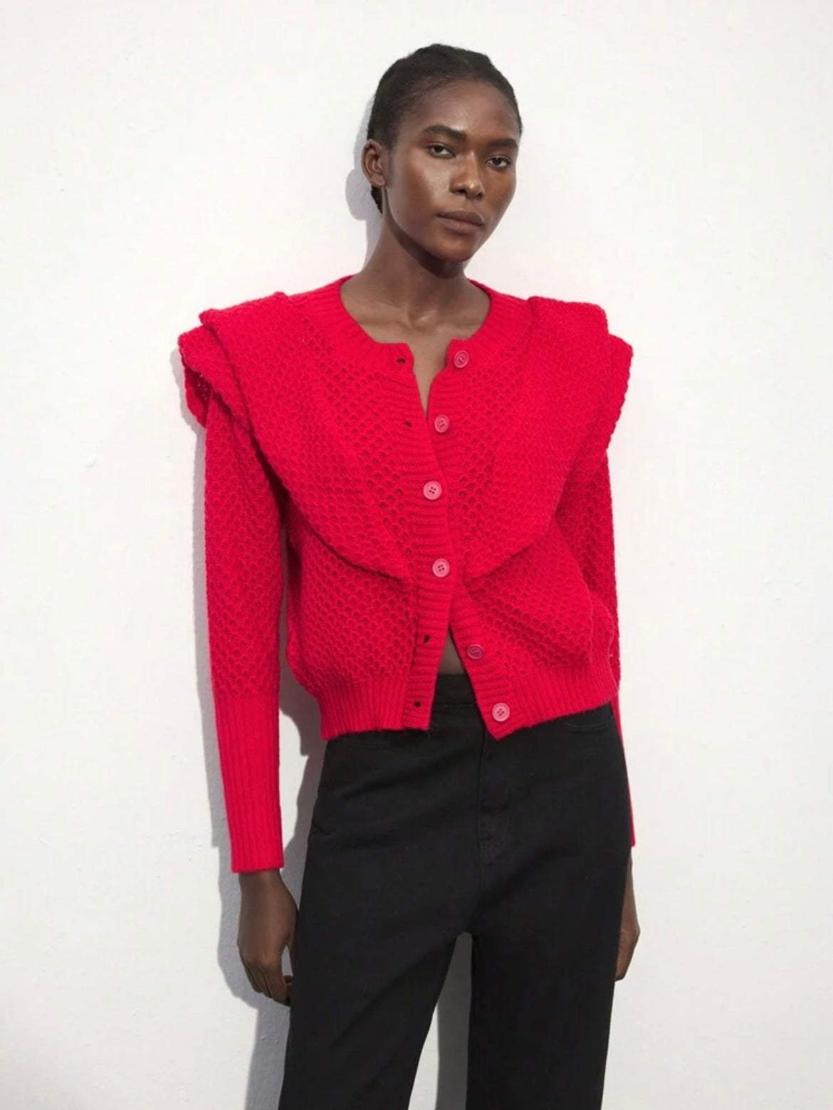 CM-CS833679 Women Casual Seoul Style Lace Patchwork Long Sleeve Cardigan Sweater - Red