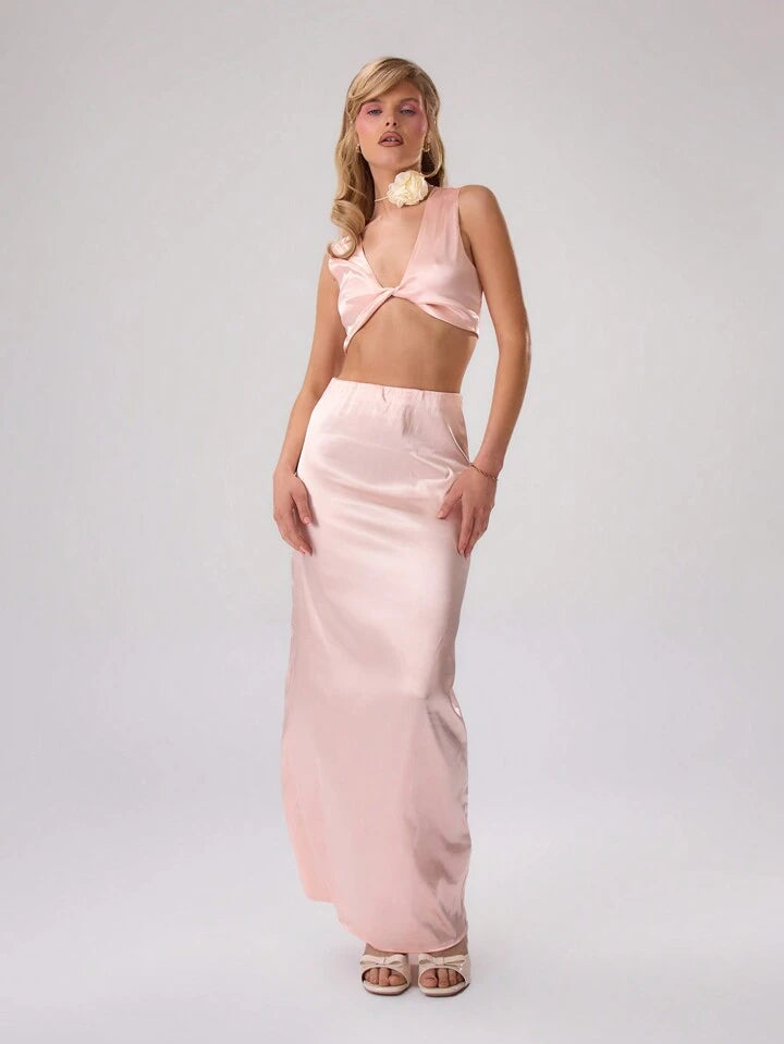 CM-BS558955 Women Elegant Seoul Style Satin Low Rise Maxi Skirt - Baby Pink