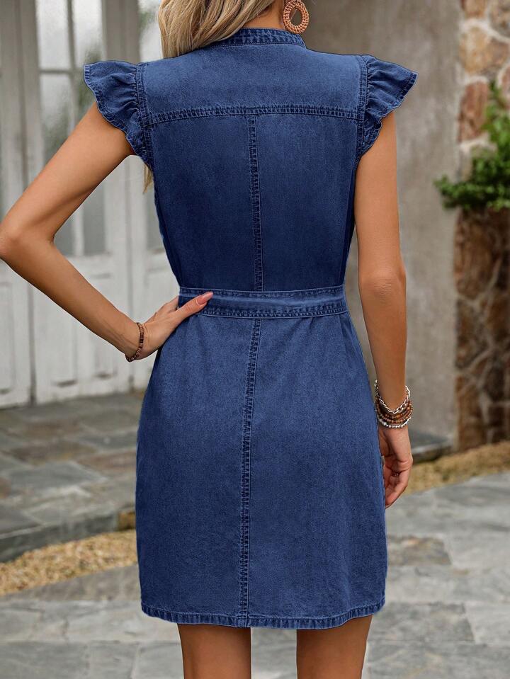 CM-DS837648 Women Casual Seoul Style Dark Wash Solid Color Cap Sleeve Denim Dress