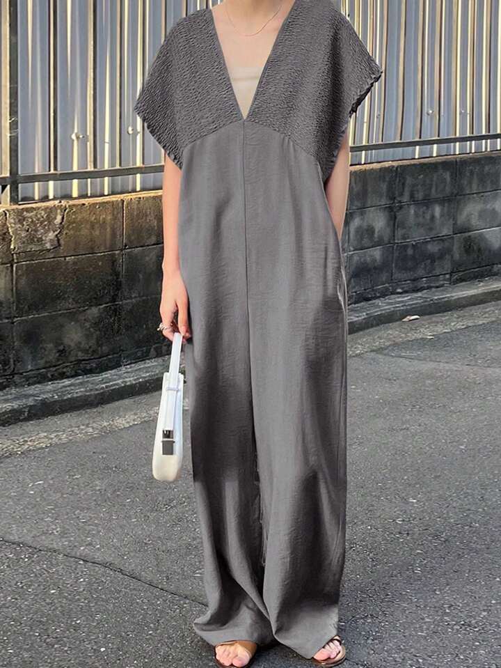 CM-JS643449 Women Trendy Bohemian Style V-Neck With Drawstring Jumpsuit Trousers - Dark Gray