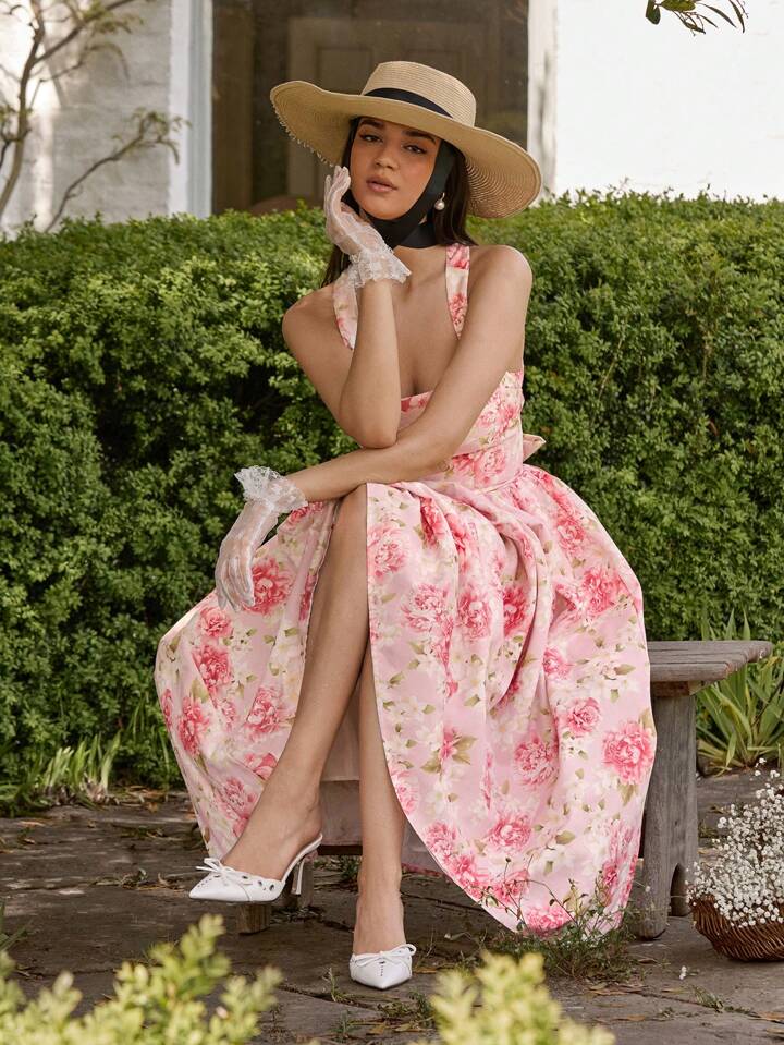 CM-DS532932 Women Elegant Seoul Style Floral Print Sleeveless Big Bowknot Backless Long Dress
