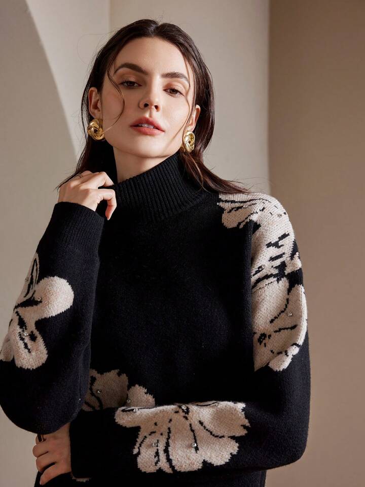 CM-CS877373 Women Casual Seoul Style Stand Collar Long Sleeve Floral Rhinestone Embellished Sweater