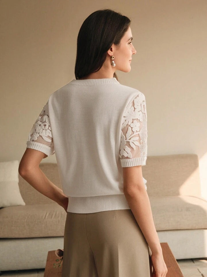 CM-TS314114 Women Casual Seoul Style Floral Mesh Round Neck Short Sleeve Knit Top - White