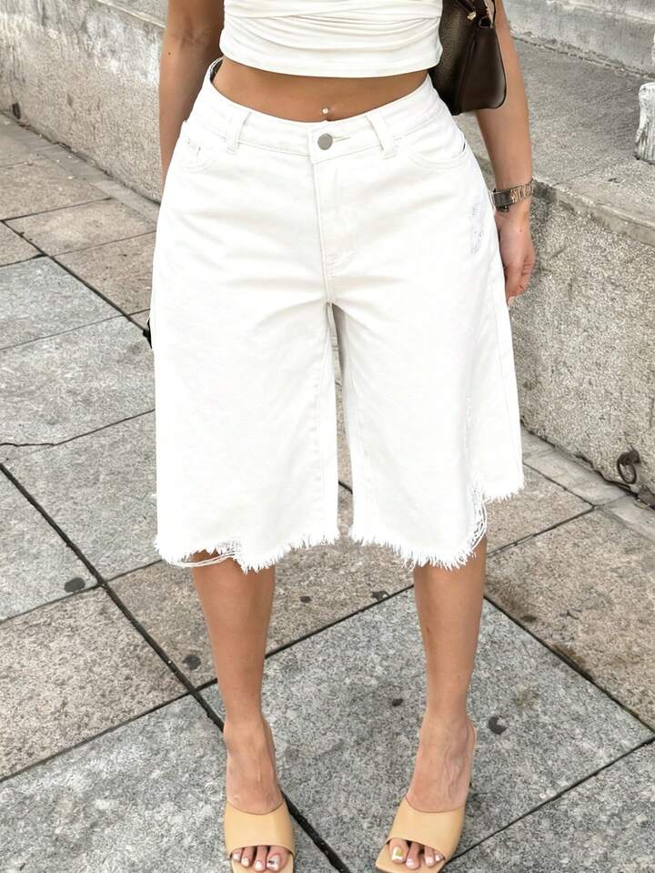 CM-BS174817 Women Casual Seoul Style Mid-Rise Distressed Frayed Hem Denim Shorts - White