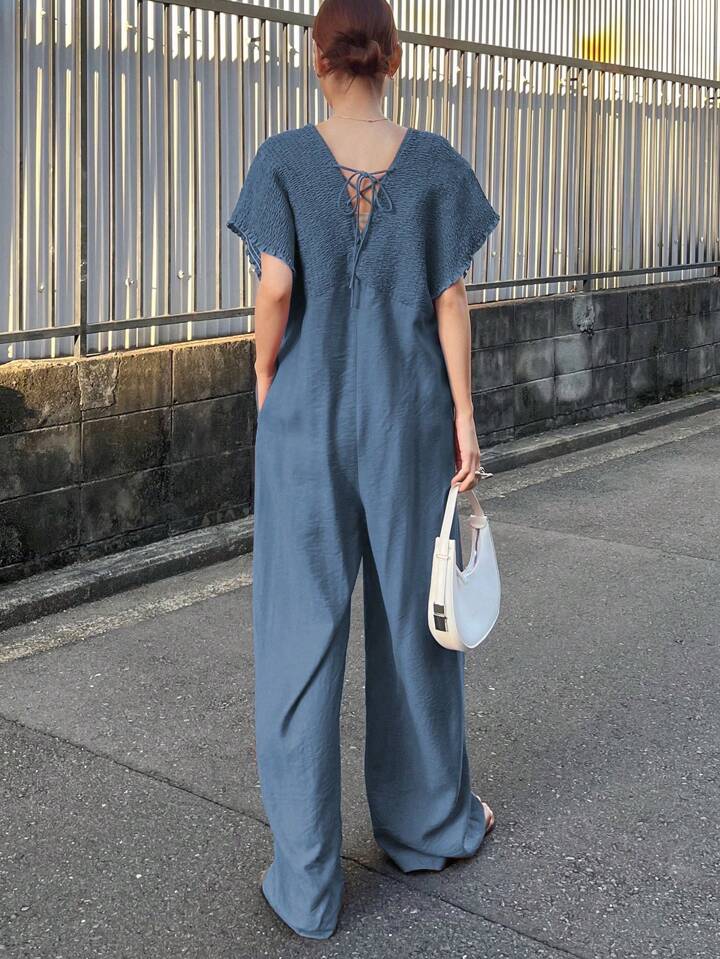 CM-JS656536 Women Trendy Bohemian Style V-Neck With Drawstring Jumpsuit Trousers - Blue