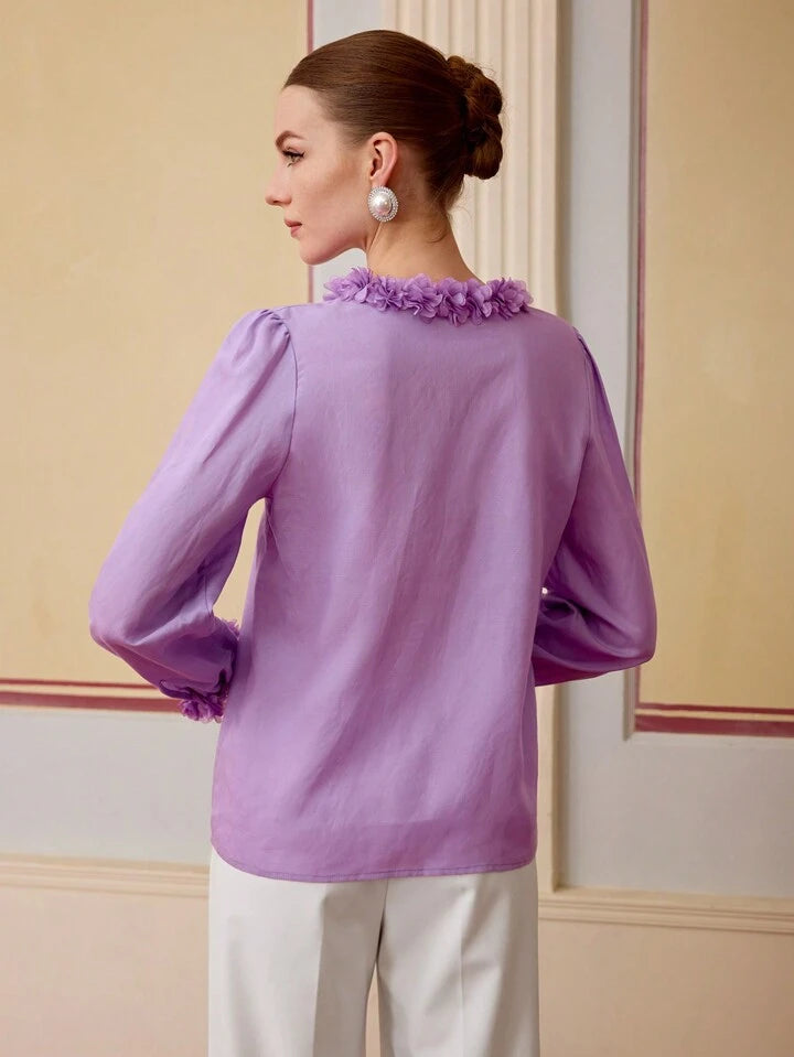 CM-TS111041 Women Elegant Seoul Style Appliques Tie Neck Long Sleeve Linen Blouse - Mauve Purple