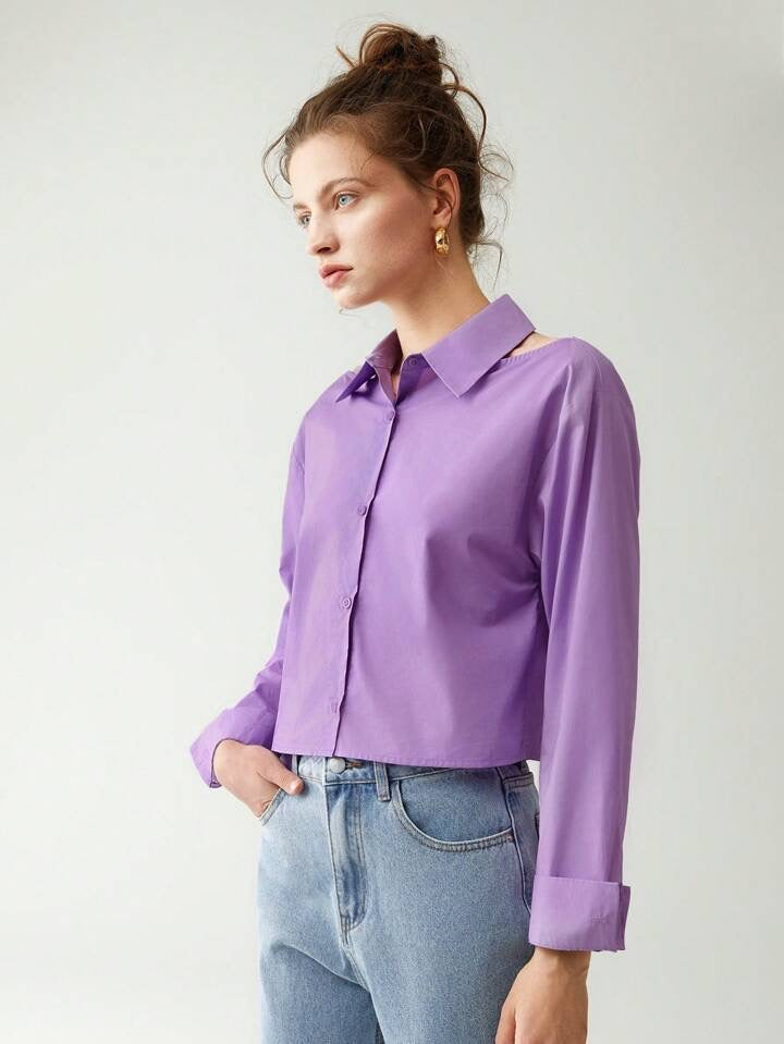 CM-TS048041 Women Casual Seoul Style Cut Out Shoulder Button Front Shirt - Purple