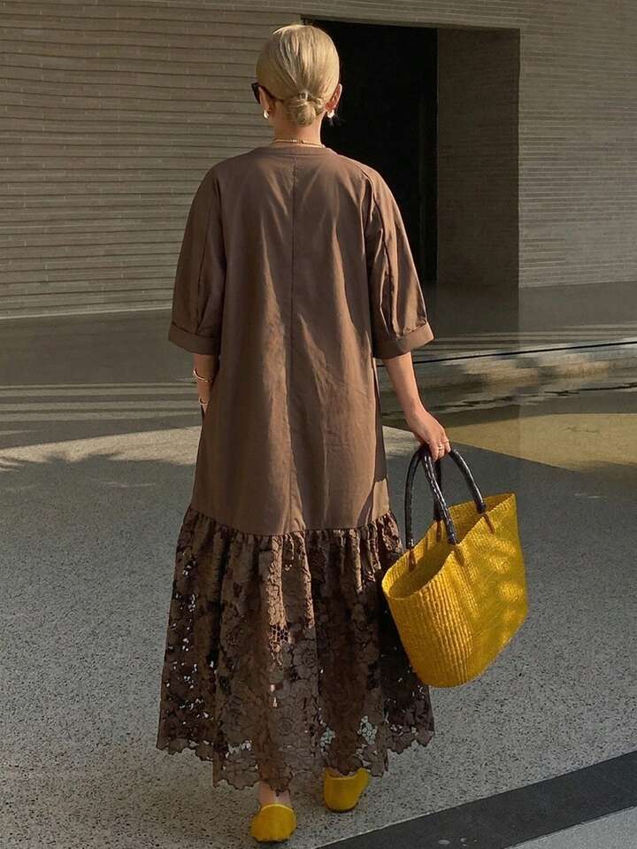 CM-DS494983 Women Trendy Bohemian Style Lace Patchwork Stand Collar 3/4 Sleeve Long Shirt Dress - Coffee Brown