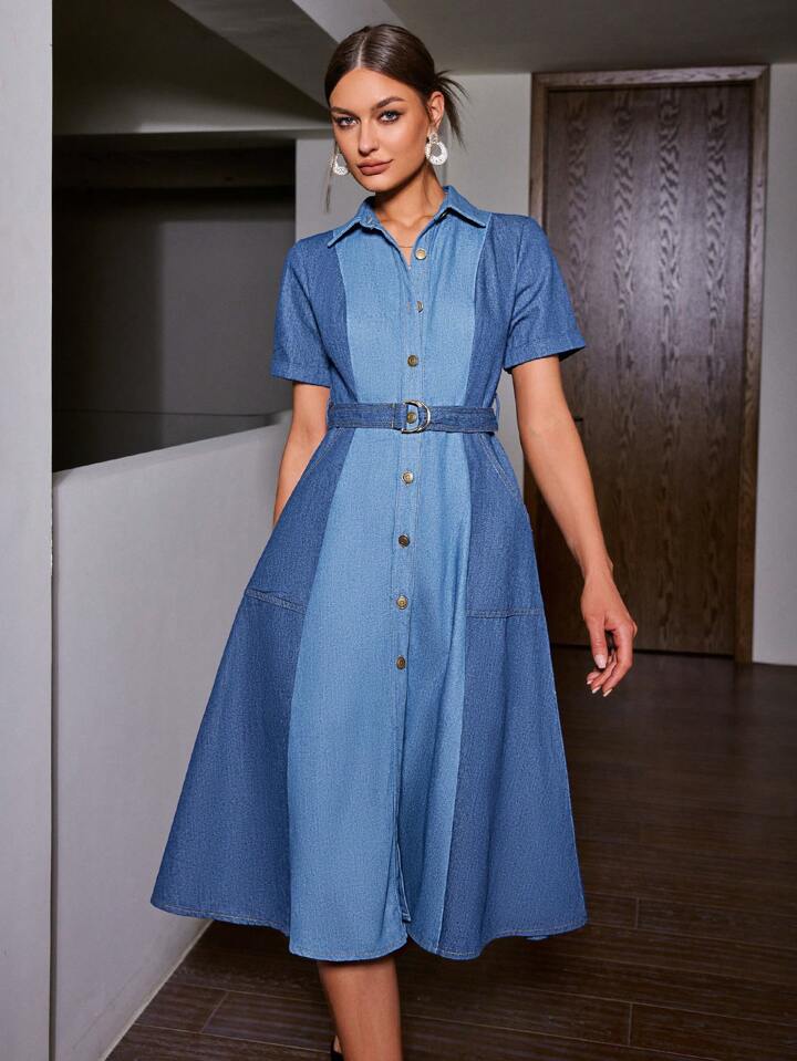 CM-DS846599 Women Elegant Seoul Style Denim-Effect Print Short Sleeve D-Ring Belted Dress - Blue