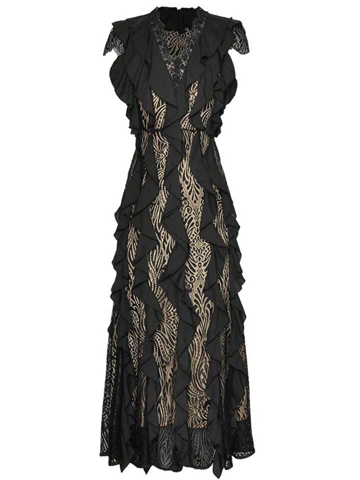 CM-DS299747 Women Elegant Seoul Style Splice Lace V-Neck Sleeveless Ruffled Waist Belted Dress - Black