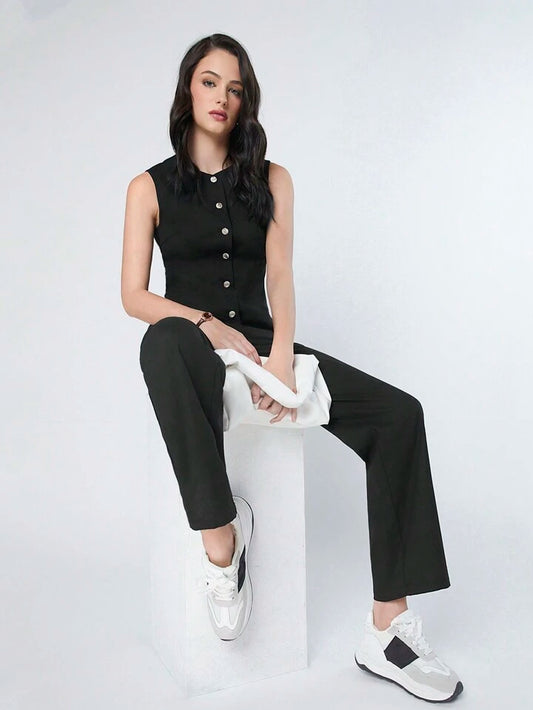 CM-SS585307 Women Elegant Seoul Style Button Up Sleeveless Blazer With Trousers - Set