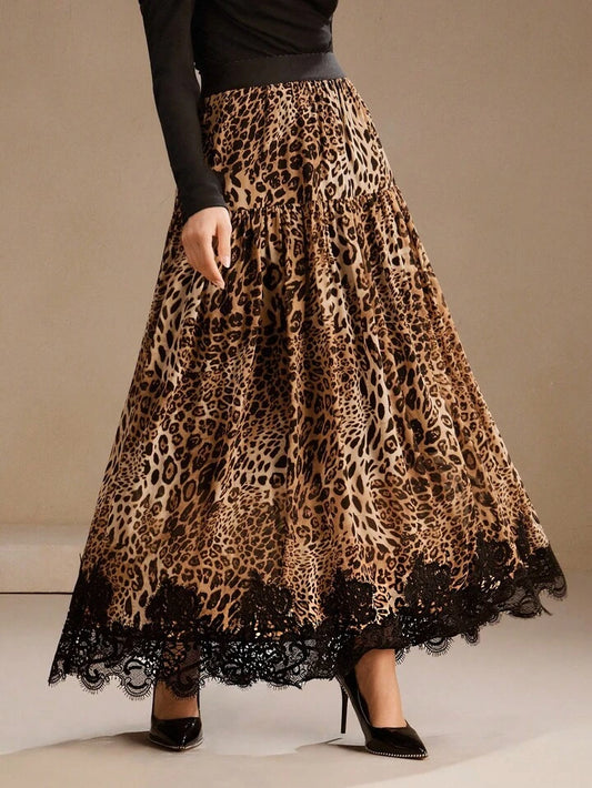 CM-BS944884 Women Elegant Seoul Style Leopard Print Patchwork Lace Elastic Waist A-Line Maxi Skirt