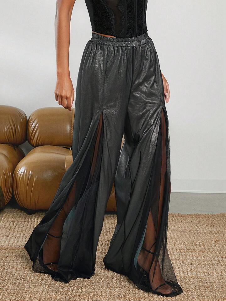 CM-BS742254 Women Elegant Seoul Style Elastic Waist Double Layered Mesh Pants - Black