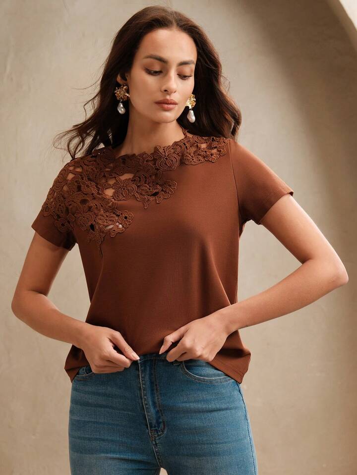 CM-TS115759 Women Casual Seoul Style Lace Crochet Patchwork Hollow Out Short Sleeve Blouse - Coffee Brown