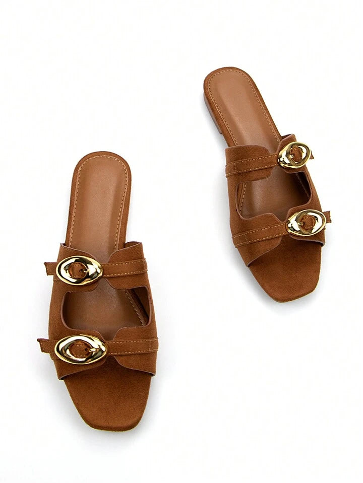 CM-SHS982946 Women Trendy Seoul Style Suede Square Toe Golden Buckle Decor Flat Mules With Adjustable Strap - Brown