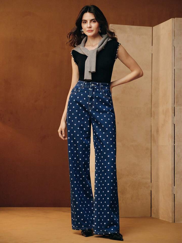 CM-BS606000 Women Casual Seoul Style Mid Waist Polka Dot Pattern Pocketed Wide Leg Loose Jeans - Blue