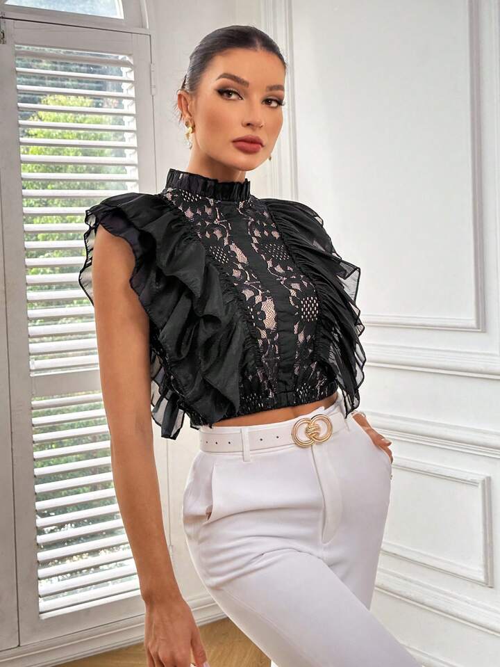 CM-TS736693 Women Elegant Seoul Style Lace Notched Neckline Ruffle Trim Shirt - Black
