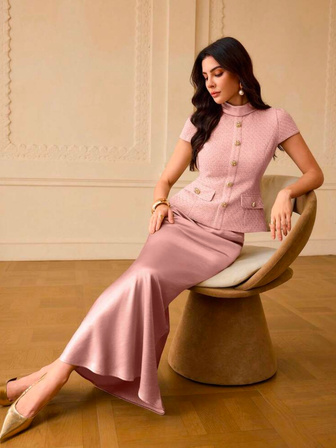 CM-SS060529 Women Elegant Seoul Style Stand Collar Button Decor Cap Sleeve Top With Satin Mermaid Hem Skirt - Set