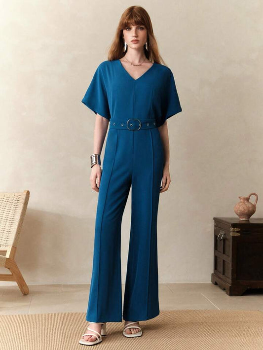 CM-JS375252 Women Elegant Seoul Style V-Neck Batwing Sleeves High Waist Belted Wide Leg Jumpsuit