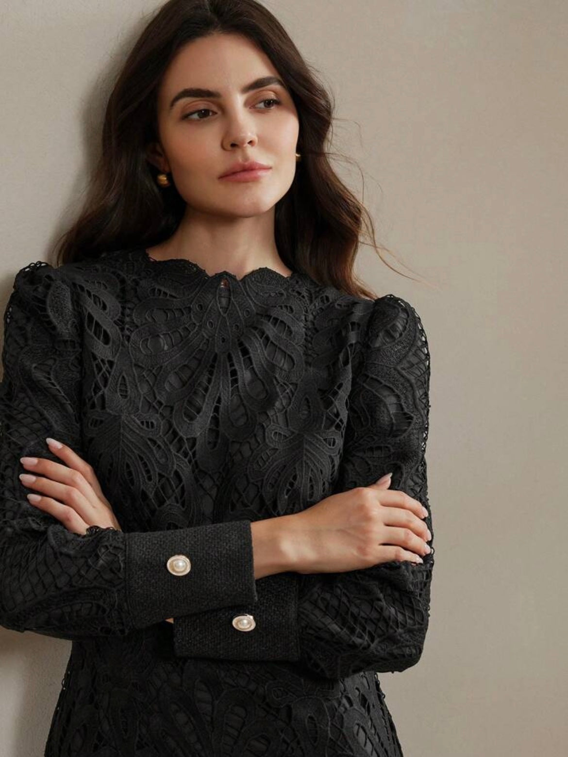 CM-DS848781 Women Elegant Seoul Style Stand Collar Long Sleeve Lace Patchwork Cheongsam Dress - Black