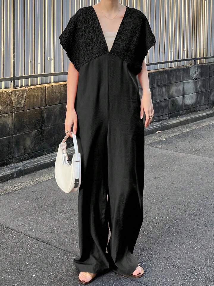 CM-JS610708 Women Trendy Bohemian Style V-Neck With Drawstring Jumpsuit Trousers - Black