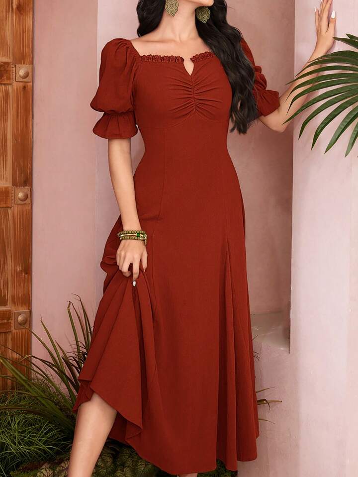 CM-DS822167 Women Casual Seoul Style Solid Color Pleated Square Neck Dress - Redwood