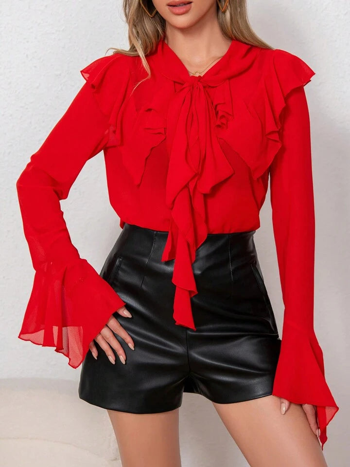 CM-TS388384 Women Elegant Seoul Style Self-Tie Neck Bell Sleeve Ruffle Trim Top - Red