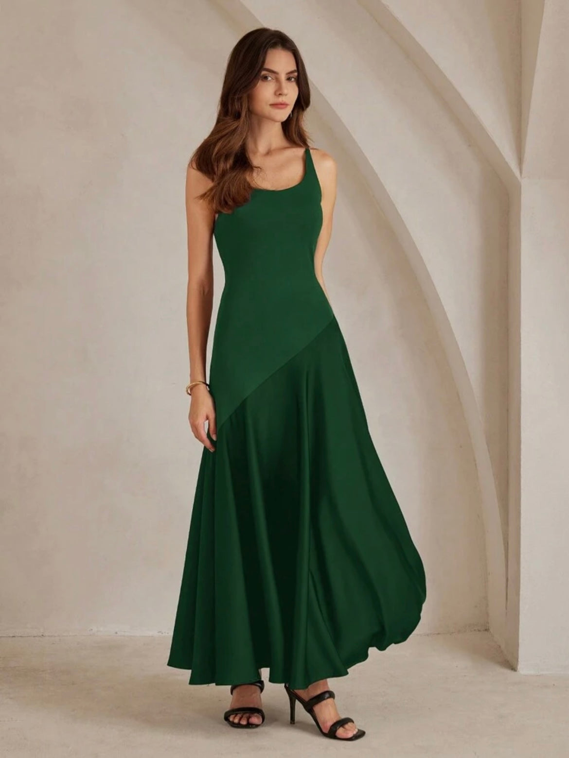 CM-DS289049 Women Elegant Seoul Style Solid Color Minimalist Spaghetti Strap Maxi A-Line Dress - Green