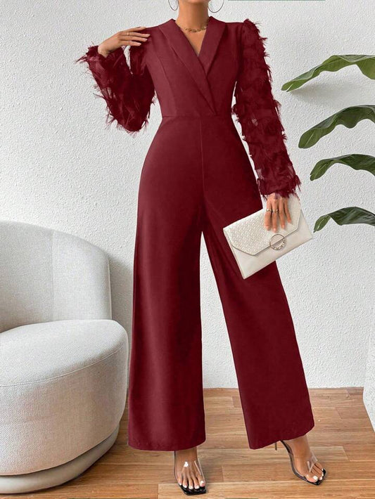 CM-JS241004 Women Elegant Seoul Style Tassel Trimmed Shawl Collar Wide Leg Jumpsuit - Burgundy