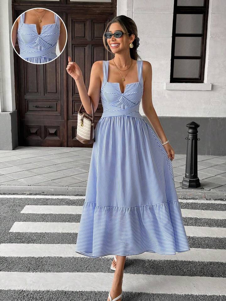 CM-DS672655 Women Trendy Bohemian Style V-Neck Sleeveless Striped Criss-Cross Dress - Blue