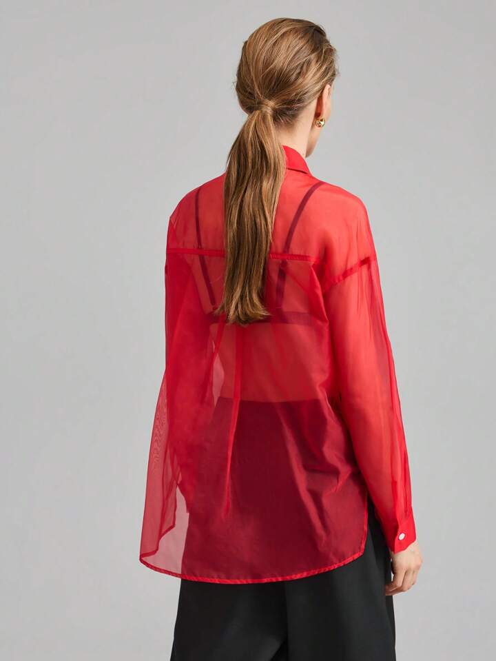 CM-TS755066 Women Elegant Seoul Style Shirt Collar Sheer Long Sleeve Oversized Blouse - Red