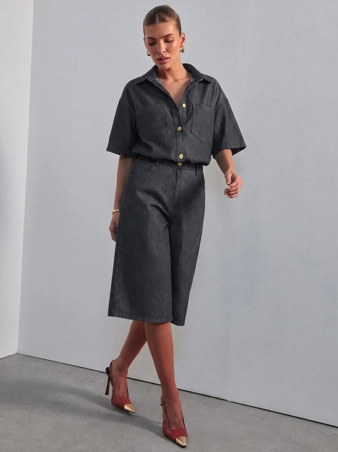 CM-JS853091 Women Casual Seoul Style Collared Short Sleeve Relaxed Denim Jumpsuit - Black