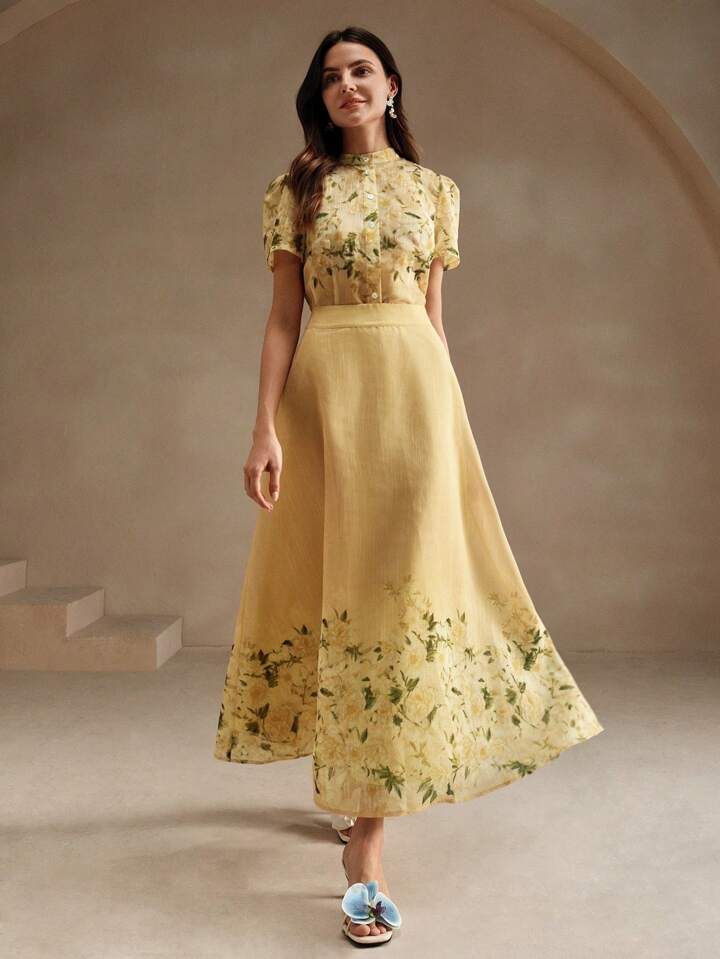 CM-SS855857 Women Elegant Seoul Style Floral Print Crew Neck Puff Sleeve Top With Long Skirt - Set