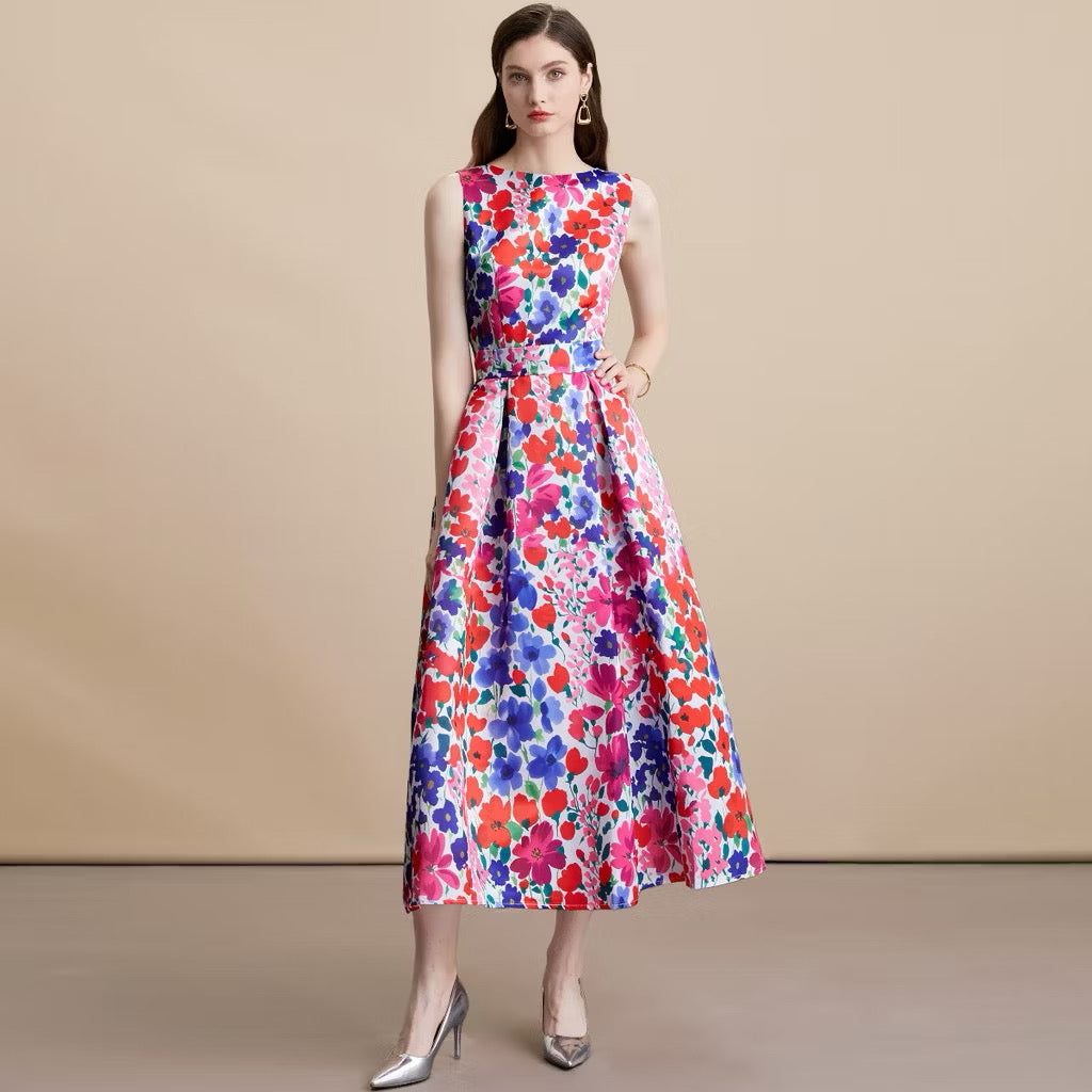 CM-DY054100 Women Elegant European Style Floral Print Round Neck Sleeveless High Waist Mid-Length Dress