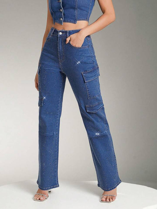 CM-BS698800 Women Elegant Seoul Style Rhinestone Flap Pocket Side Cargo Mid Ride Jeans - Blue