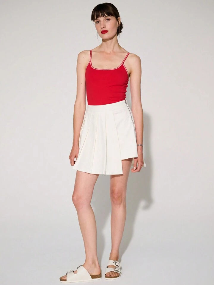 CM-BS554684 Women Casual Seoul Style Drop Waist Pleated Stretch Denim Mini Skirt - White