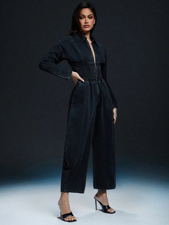 CM-JS488882 Women Casual Seoul Style Solid Color Front Zipper Long Sleeve Pocket Jumpsuit - Black