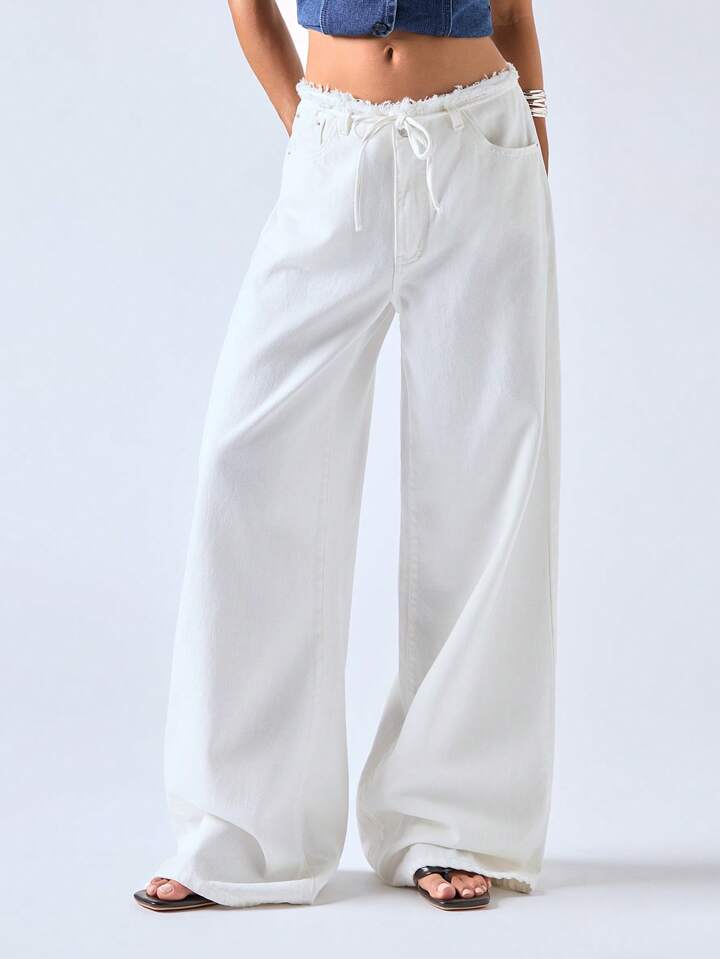 CM-BS838863 Women Casual Seoul Style Solid Color High Waist Frayed Hem Loose Wide Leg Jeans - White