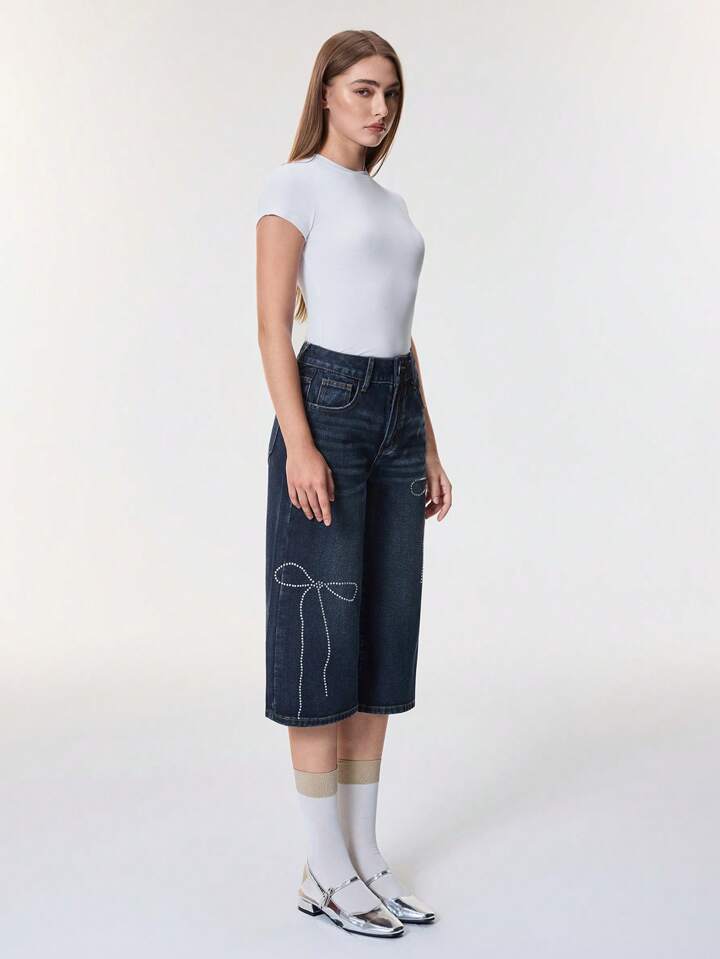 CM-BS709253 Women Casual Seoul Style Rhinestone Sequin Polka Dot Bow Loose Fit Jeans - Blue