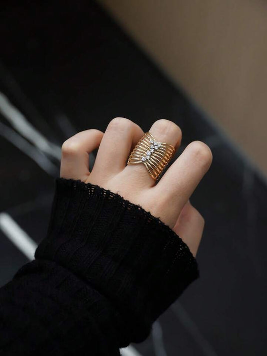 CM-AR947767 925 Sterling Silver Hollow Craft Wide Band Wave Line Minimalist Ring - Gold