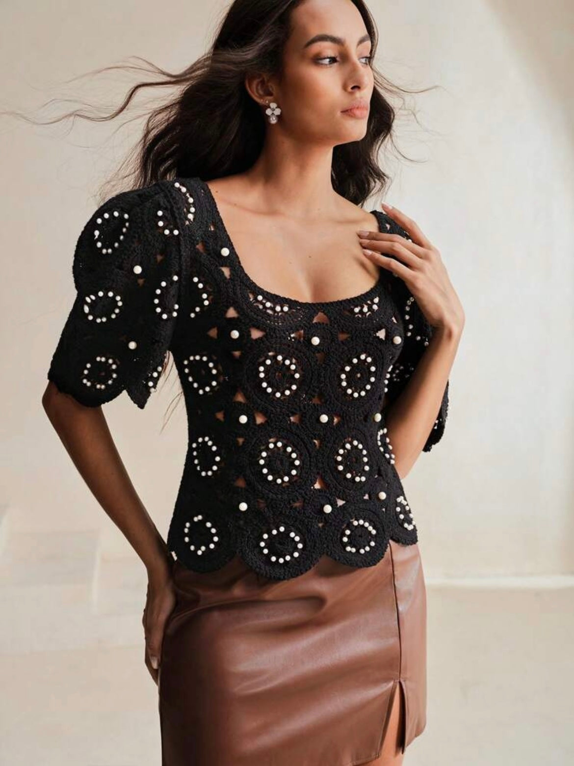CM-TS925804 Women Casual Seoul Style Crochet Hollow-Out Balloon Sleeve Beaded T-Shirt - Black