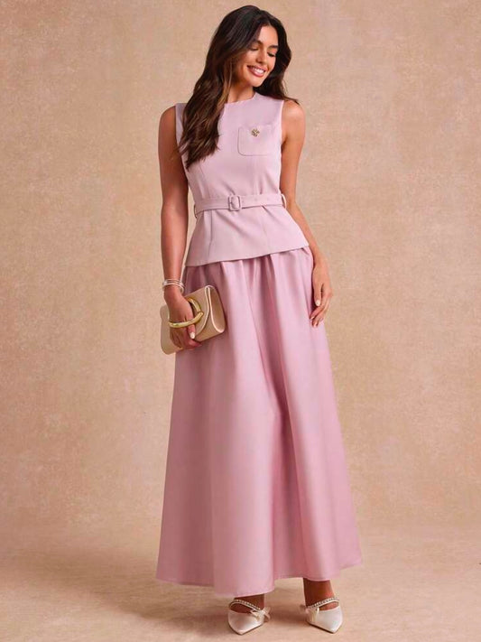 CM-DS787258 Women Elegant Seoul Style Round Neck Sleeveless Appliques A-Line Long Dress - Pink