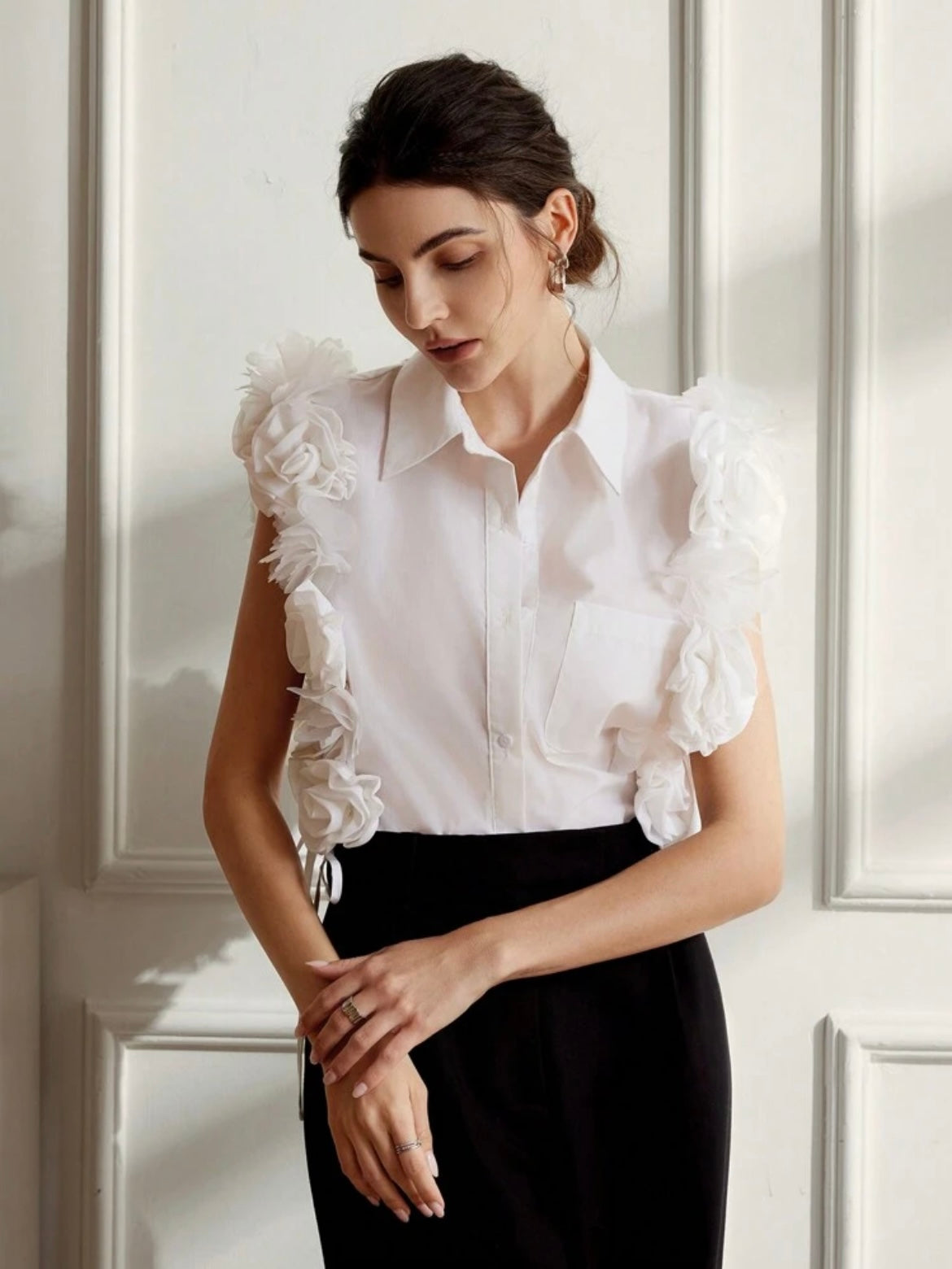 CM-TS726127 Women Elegant Seoul Style 3D Floral Hollow-Out Tie Up Sleeveless Shirt - White