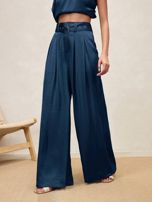 CM-BS064448 Women Casual Seoul Style High Waist Pleated Wide Leg Pants - Blue