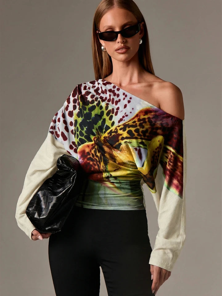 CM-TS877680 Women Casual Seoul Style Floral Pattern Design Long Sleeve Asymmetrical Off Shoulder Blouse